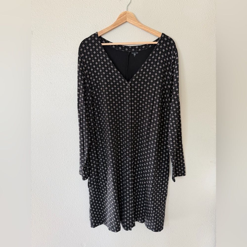 Garnet Hill Button Front Shirt Dress Black and White Geometric Long Sleeve XL